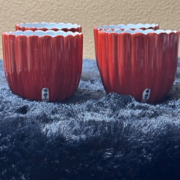 Scalloped Red Porcelain Tea Cups With Blue Floral Interior Design Set Of 4 - Picture 2 of 11